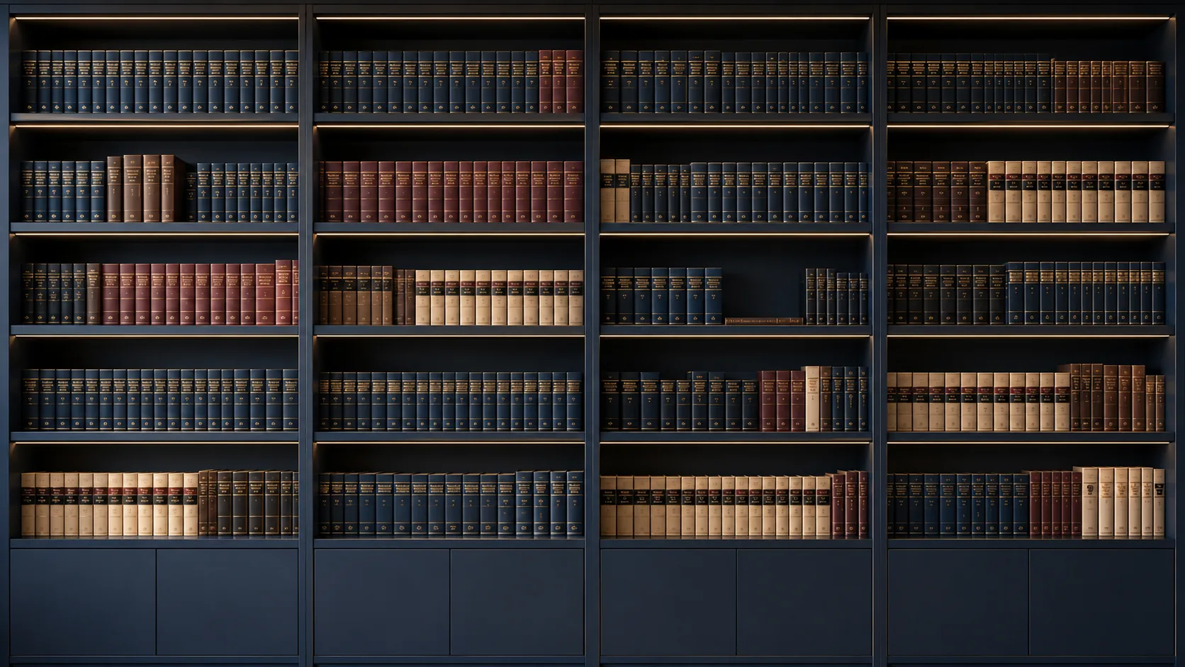Estantería con libros de derecho en tonos azul marino y dorado